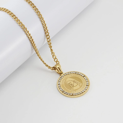 Hanger Ketting Maagd Maria Rond Medaillon Roestvrij Staal Zirkoon Hip Hop Religieuze Sieraden Voor Heren Dames