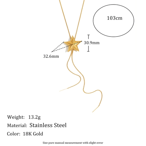 Star Pendant Lariat Necklace Textured 18K Gold Plated Stainless Steel Adjustable Long Tassel Jewelry For Women