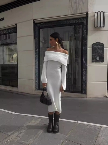 Off The Shoulder Knit Dress Ribbed Long Sleeve Slim Fit Ankle Length Solid Color Elegant Sweater Maxi Gown For Women