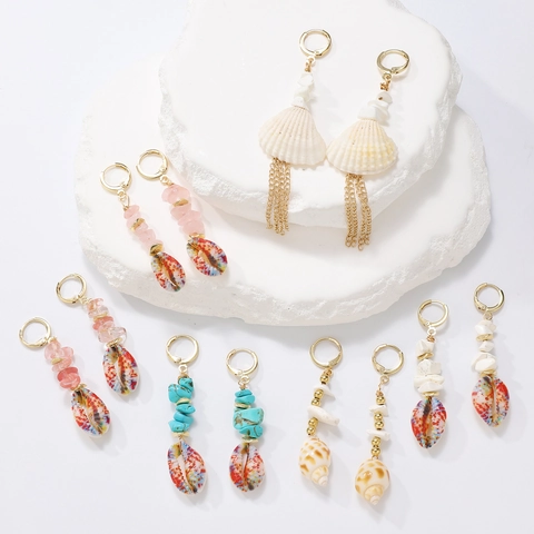 Bohemian Shell Drop Earrings Natural Turquoise Strawberry Crystal Alloy Beach Vacation Ethnic Vintage Women Jewelry