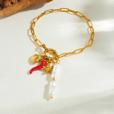 Bracciale In Acciaio Inossidabile Placcato Oro Con Ciondoli Stella Marina Conchiglia Perla Artificial Barocca Peperoncino Rosso Gioielli