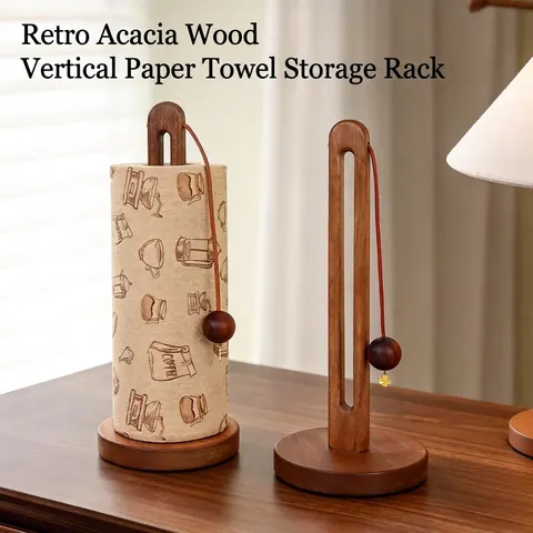 Acacia Wood Vertical Paper Towel Holder Standing Kitchen Roll Dispenser With Decorative Animal Pendant Retro Wooden Rack