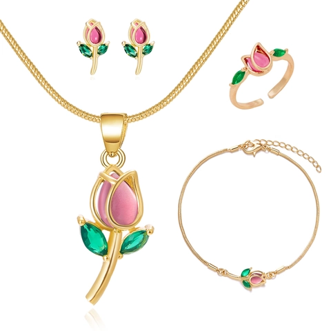 Elegant Copper Tulip Flower Jewelry Rhinestone Inlaid Gold Plated Snake Chain Necklace Bracelet Earrings Ring For Women Fashion Jewelry