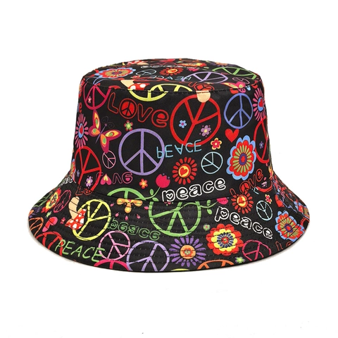 Wende Anglerhut Polyester Friedenssymbol Blumenmuster Sonnenschutz Hippie Stil Outdoor Accessoire Unisex