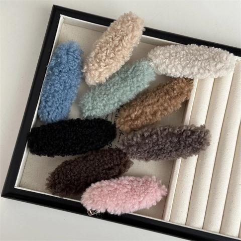 Women Lamb Wool Hair Clip Warm Plush Oval Duckbill Barrette Soft Candy Color Side Fringe Autumn Winter Hairpin