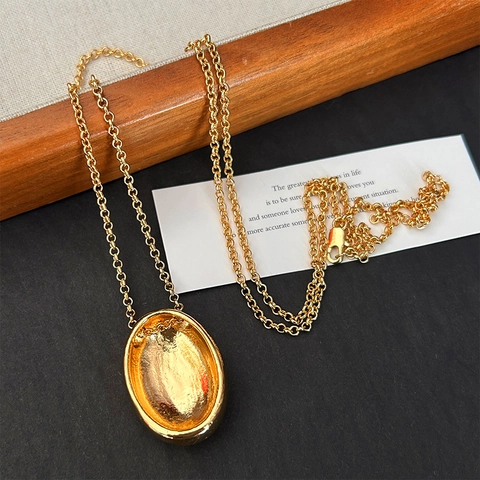 Minimalist Copper Brass Oval Pendant Necklace Personalized Geometric Sweater Chain For Women Men Unisex Punk Style Jewelry Accessories