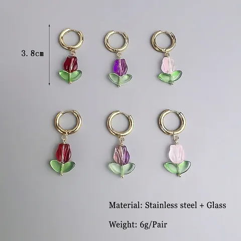 Tulip Flower Drop Hoop Earrings 18K Gold Plated Stainless Steel Colored Glaze French Retro Style Jewelry For Women