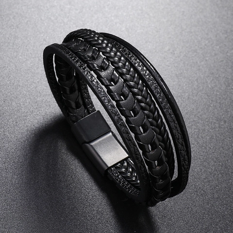 Bracelet En Cuir Tressé Multi-couches Pour Hommes Fermoir Magnétique En Alliage Rétro Simple Mode Fait Main Bijoux