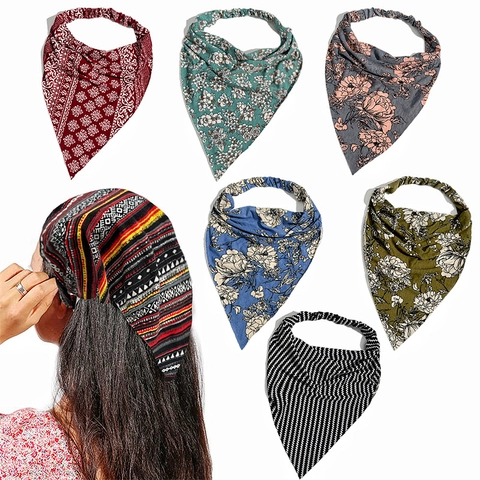 Women Cotton Triangle Hair Scarf Headband Elastic Floral Ethnic Geometric Print Headscarf Vintage Hair Accessory