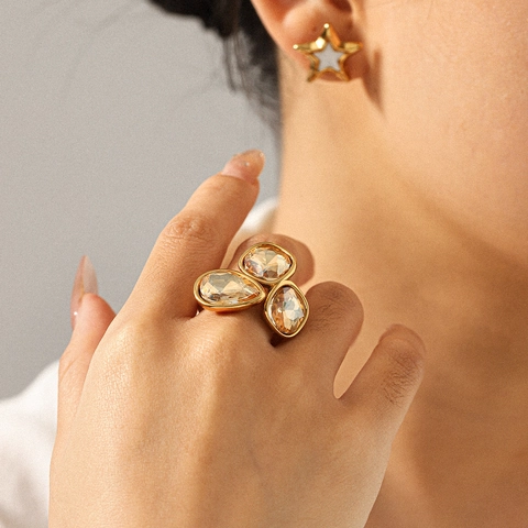 Dames Cluster Ring 18K Verguld Roestvrij Staal Champagne Glas Edelsteen Druppel Ovaal Geometrisch Open Sieraden