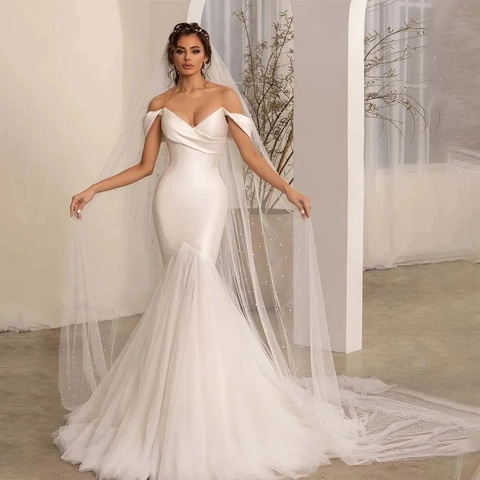 Vestido De Novia Sirena De Satén Blanco Estilo Francés Hombros Descubiertos Cola De Pesca Con Patchwork De Tul Malla Elegante