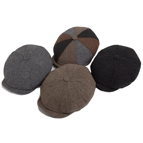 Men Vintage Herringbone Newsboy Cap British Octagonal Gatsby Hat Retro Tweed Texture Painter Cabbie Peak Cap Adjustable