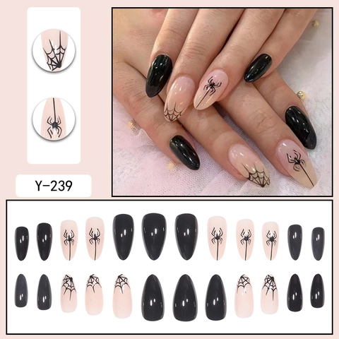 Uñas Postizas De Halloween Telaraña Almendra Larga Negro Brillante Y Rosa Nude Manicura Gótica