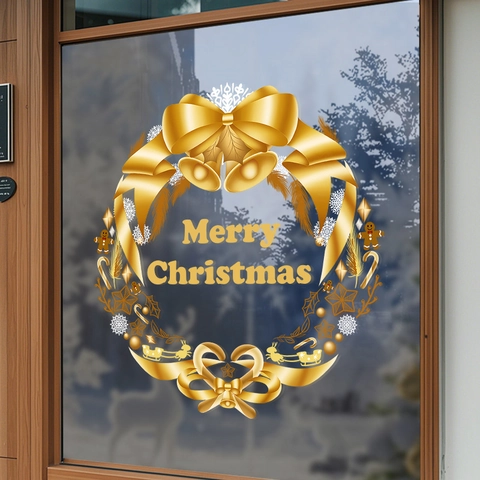 Christmas Window Stickers Golden Wreath Static Cling Decals Merry Christmas Pattern Glass Door Party Decor