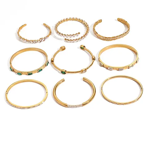 Gold Plated Stainless Steel Bangle Bracelet For Women Waterproof Green White Cubic Zirconia Luxury Hinged Cuff Jewelry