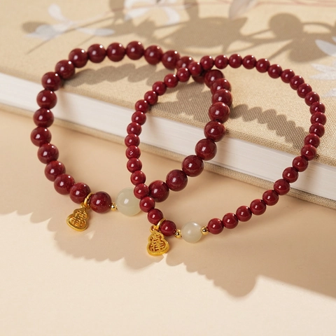 Zinnober Perlenarmband Mit Hetian Jade Und Goldener Kalebasse Anhänger Glücksbringer Retro Stil Schmuck Damen