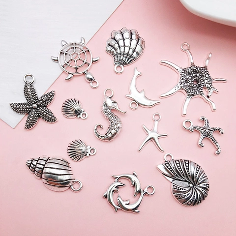 Antique Silver Alloy Ocean Animal Charms Sea Shell Starfish Dolphin Turtle For DIY Necklace Bracelet Making
