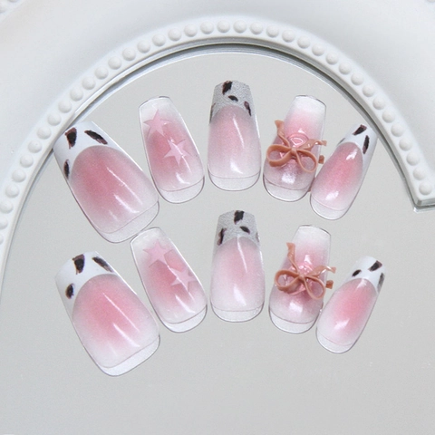 Unghie Finte Stampa Leopardata Cat Eye Sfumatura Rosa Forma Bara Plastica ABS Con Fiocco 3D E Stella Per Donne