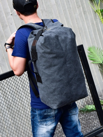 Men Casual Canvas Backpack Large Capacity Outdoor Travel Hiking Bag Breathable Cylindrical Rugged Style Daypack