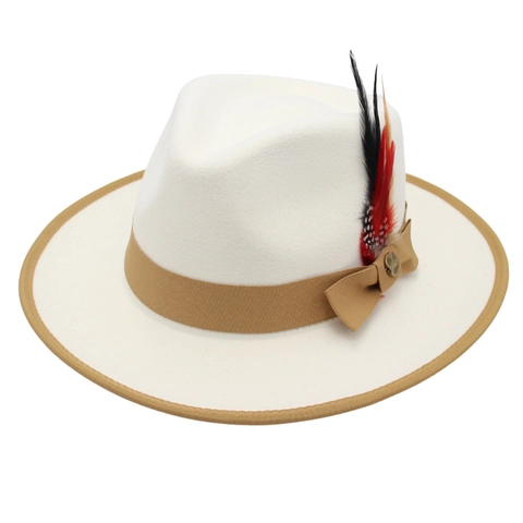 Vintage Fedora Hat Wool Felt Texture Wide Brim With Feather Bow Ribbon Elegant Jazz Hat For Men Women