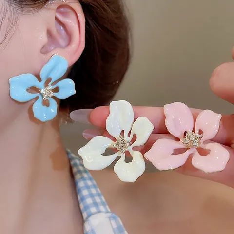 Elegante Blumenohrringe Legierung Emaille Blütenblätter Mit 925 Sterling Silber Ohrstecker Funkelnde Zirkon Schmuck