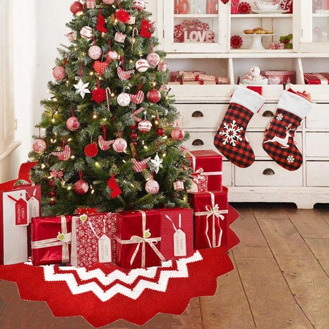 Christmas Tree Skirt Knit Acrylic Red White Wave Pattern Button Closure Holiday Party Home Decor Rustic Style