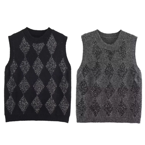 Débardeur En Maille À Paillettes Argyle Sans Manches Col Rond Polyester Peluche Gilet Élégant Haut Décontracté Femmes
