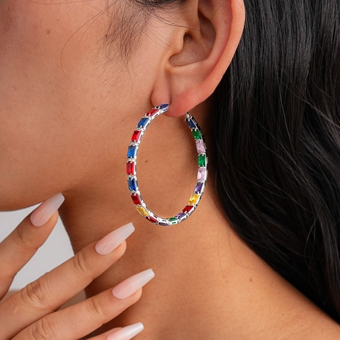 Orecchini A Cerchio Con Zirconi Baguette Arcobaleno Rame Con Perno In Argento Grandi Tondi Gioielli Per Donne