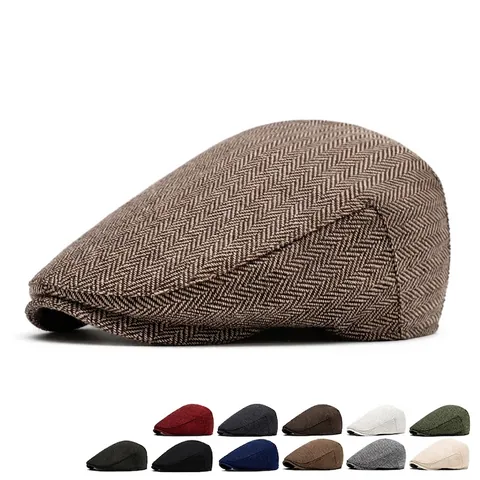 Casquette Gavroche Homme Classique Britannique Chevrons Tweed Vintage Plate Bérets Pare-Soleil Chaud Polyester Coton