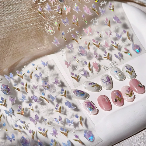 Iridescent Laser Butterfly Tulip Flower 3D Embossed Nail Art Stickers Self Adhesive Manicure Decoration For Women