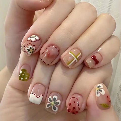 Press On Nails Short Square Round Shape Hand Drawn Cute Summer Graffiti Flower Strawberry Pattern Gingham Design Pink Nude Fake Nails