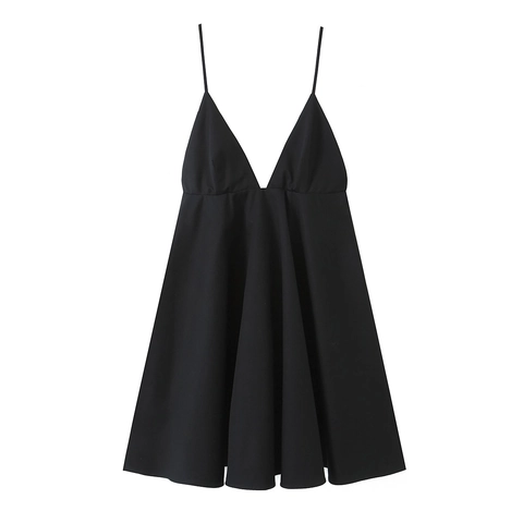Vestido Corto Negro Mujer Cuello En V Profundo Tirantes Finos Poliéster Color Sólido Fiesta Verano Sexy Ajustado