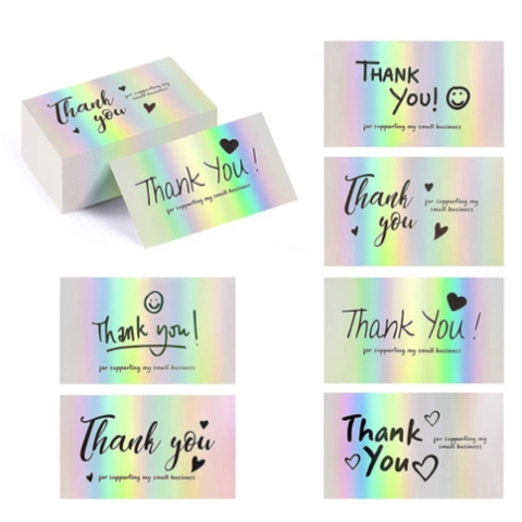 Biglietti Olografici Thank You For Supporting My Small Business Laser Arcobaleno Design Cuore Etichette Ringraziamento