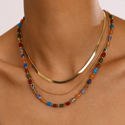 Halsketting Roestvrij Staal Verguld Gekleurde Stenen Kralen Slangenketting Boheems Mode Sieraden Vrouwen