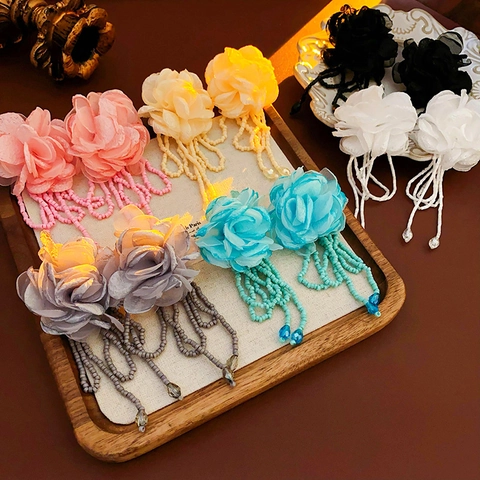 Pendientes De Flores Con Borlas De Gasa Y Flecos De Cuentas Con Postes De Plata Joyería Vintage Elegante Para Mujer