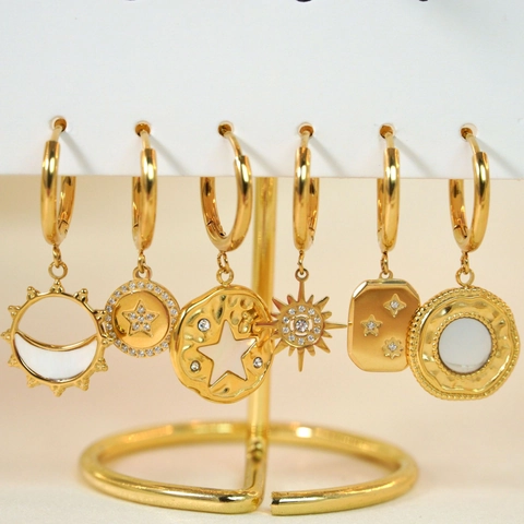 Stainless Steel Hoop Earrings 14K Gold Plated White Shell Star Moon Celestial Dangle Jewelry For Women Small Hoop