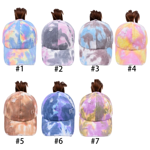 Katoenen Tie-Dye Ponytail Honkbalpet Distressed Criss Cross High Bun Trucker Hoed Vrouwen Vintage Zonnescherm Buiten