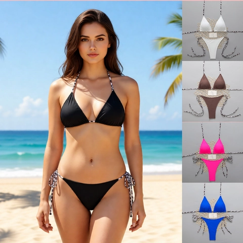 Sexy Bikini Dames Halter Driehoek Top Broekje Strikjes Zijkant Luipaardprint Bandjes Badmode Strand