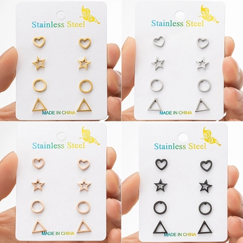Simple Stainless Steel Geometric Stud Earrings Set For Women Heart Star Round Triangle Shape Gold Silver Black Rose Gold