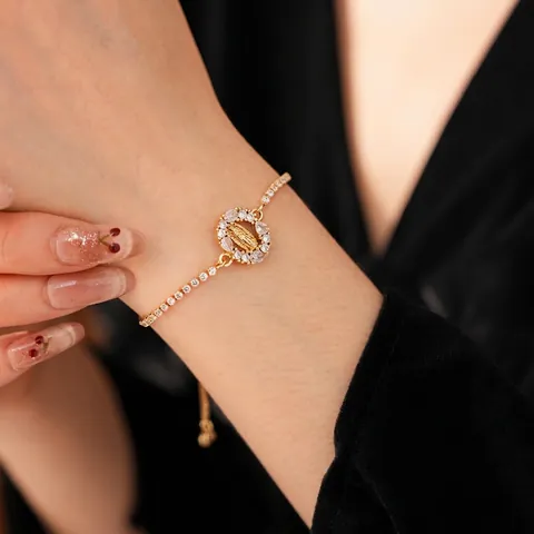 Virgin Mary Oval Pendant Bracelet Copper Zircon Adjustable Bolo Clasp Religious Jewelry For Women Luxury Style
