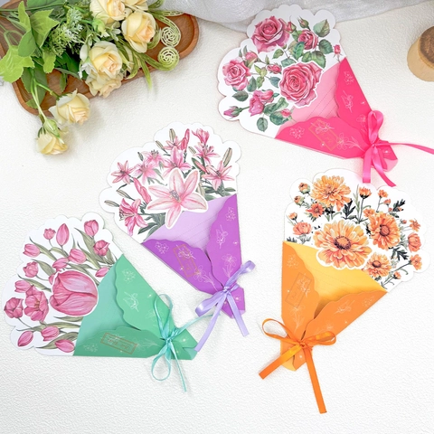 Pop-up Flower Bouquet Greeting Card Cardstock With Ribbon For Mother Day Birthday Anniversary Thanksgiving Gift