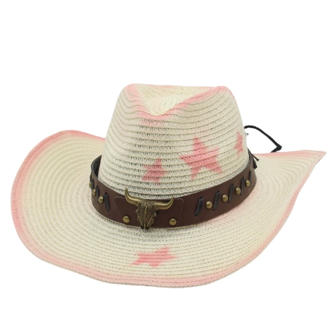 Western Cowboy Straw Hat With Metal Cow Head And Leather Band Star Print Wide Brim Breathable Sun Hat For Men Women