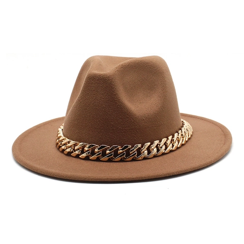 Fedora Hat Cotton Polyester Blend Wide Brim Flat Top For Party Outing Vintage Fashion Women Men Gold Chain Decor