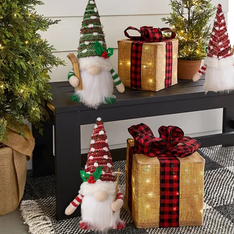 Gnomos de Navidad con Luces LED Decoración Esquí Nórdico Gnomo sin Rostro Muñecos de Peluche Gorro de Lunares Verde Rojo Adorno Navideño Hogar