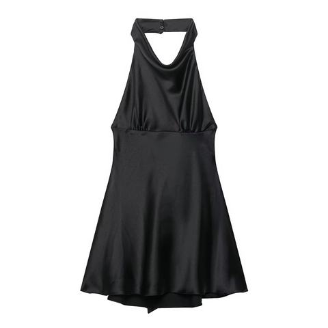 Abito Mini Halter in Raso da Donna Elegante Collo a Cappuccio Senza Schienale Con Grande Fiocco Serale