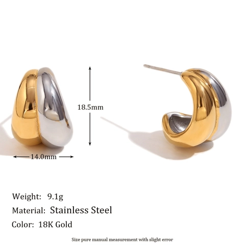 Orecchini A Lobo Acciaio Inossidabile Placcato Oro 18K Bicolore Geometrico Curvo Goccia Minimalista Lucido Donne