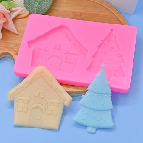 Christmas Tree House Shape Silicone Mold DIY Baking Cake Fondant Soap Candle Making Craft Tool Pink Flexible Festive