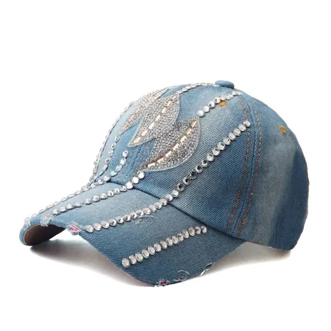 Rhinestone Denim Baseball Cap Distressed Cotton Sun Protection Outdoor Adjustable Fashion Hat For Women