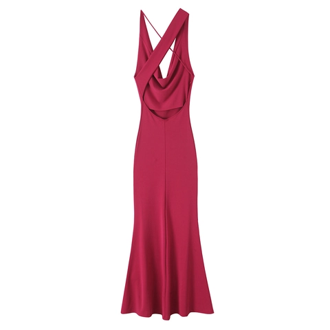 Elegant Cowl Neck Satin Maxi Dress For Women Solid Color Cross Back Sleeveless Mermaid Silhouette Evening Party Gown
