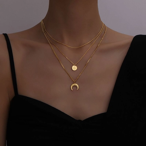 Collana A Strati Acciaio Inossidabile Placcato Oro Sole Stella Medaglione Luna Crescente Pendente Vintage Elegante